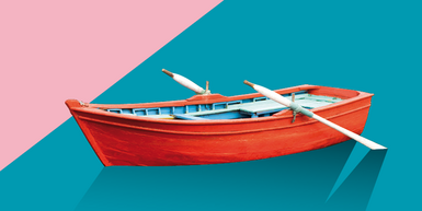 Grafik rotes Ruderboot vor rosa-türkisfarbenem Hintergrund